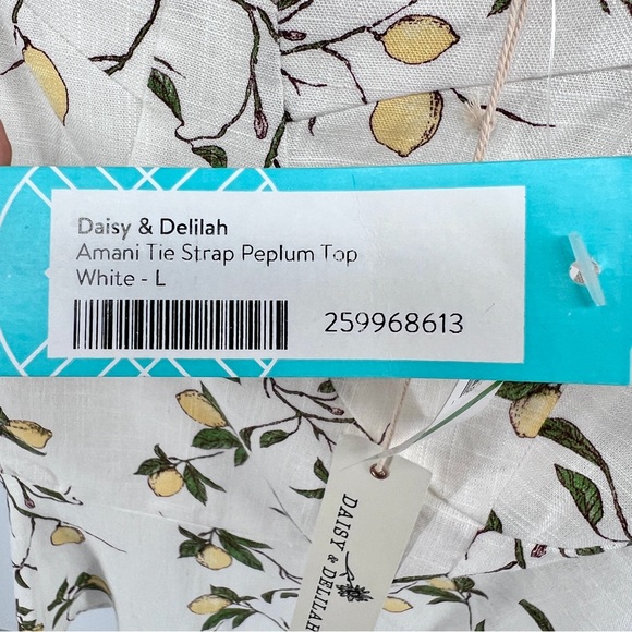 Daisy & Delilah NWT Amani Tie Strap Peplum Top Large Lemon Print Bustier Linen - Picture 12 of 16